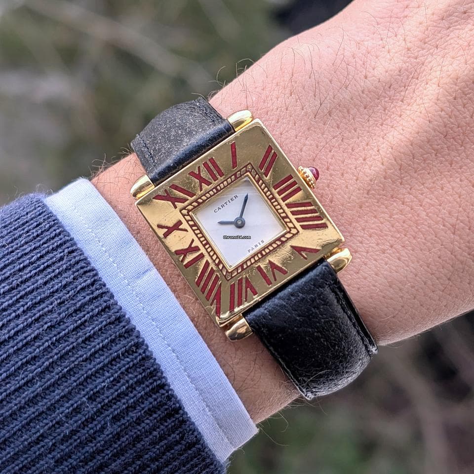 Cartier RARE Cartier Quadrant Burgundy Enamel Full Set Large Model A102 Ruby Obus 1987 1984 - Image 1