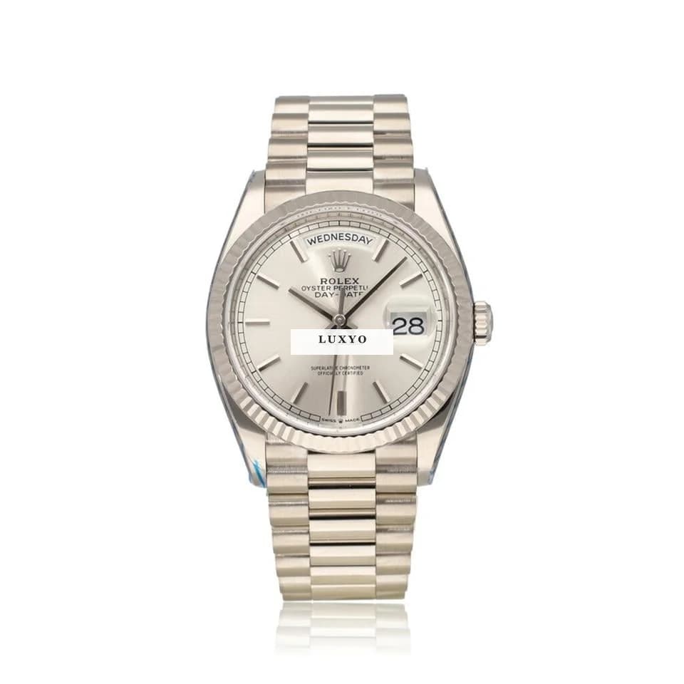 Rolex Day-Date 36 NEW ROLEX SERVICE - 2021 B+P | white gold silver / grey President - Image 1